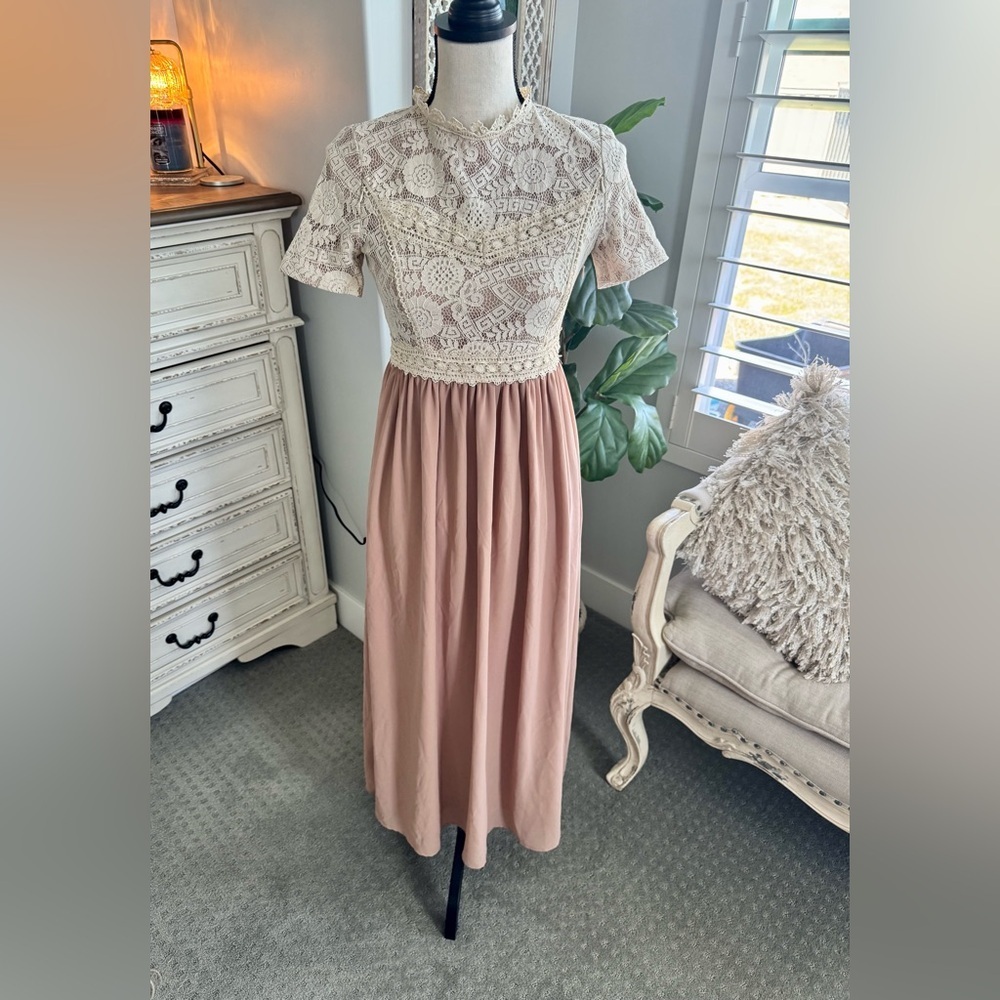 Roolee Lace Bodice Midi Dress XS Modest Neutral Bridal Shower Cottagecore